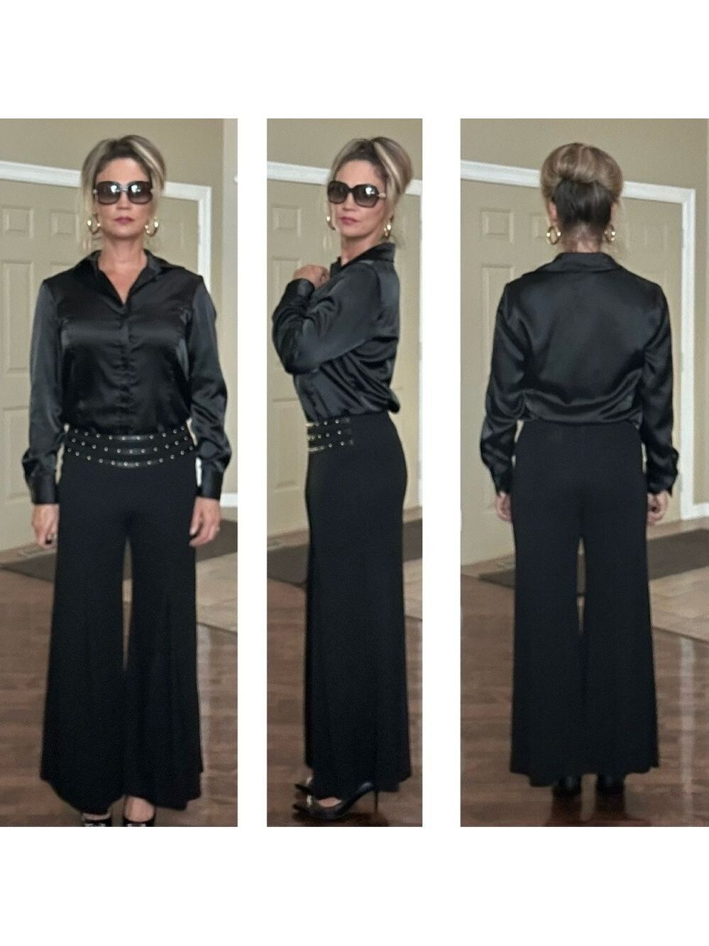 Joseph Ribkoff black wide leg front pleated gold stud waist trouser dress pant 6